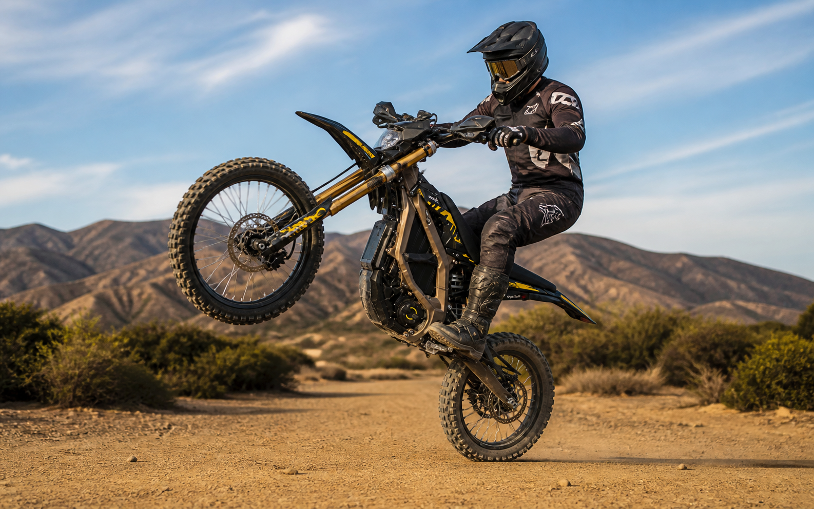 Fully equipped rider practicing a controlled wheelie on a Surron Ultra Bee outdoors