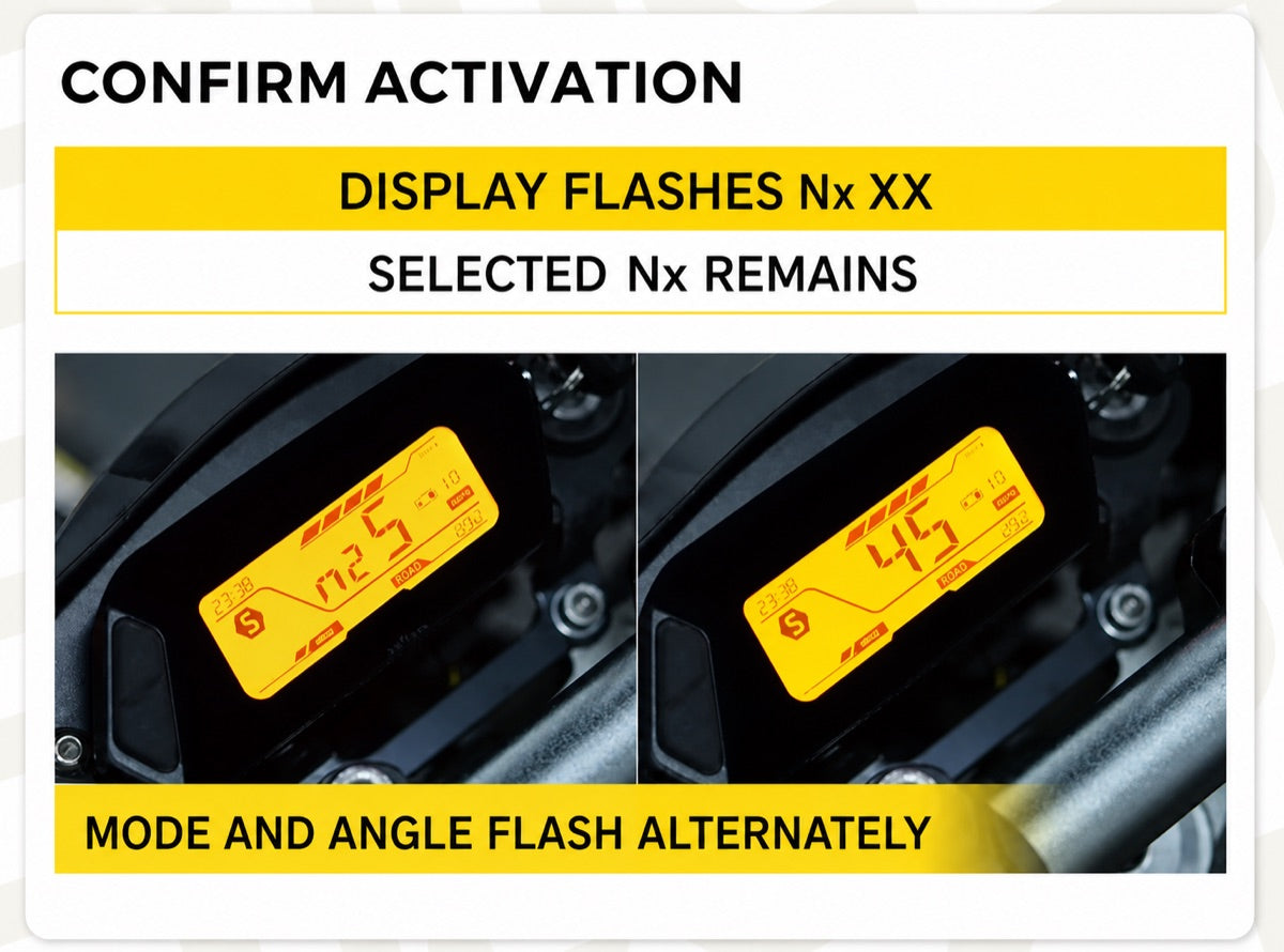 English Wheelie Assist mode and angle confirmation display