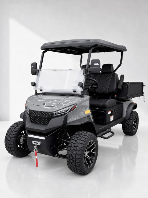 Beavrr M1124MT Gray electric golf cart front three-quarter view with cargo bed
