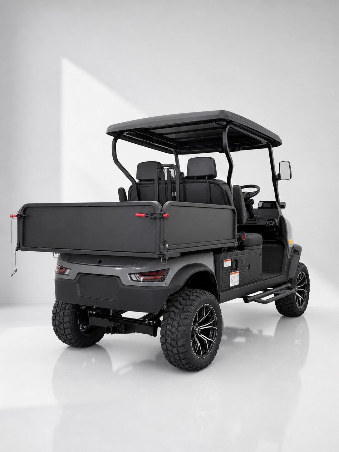 Beavrr M1124MT Gray electric utility golf cart rear three-quarter view with cargo bed