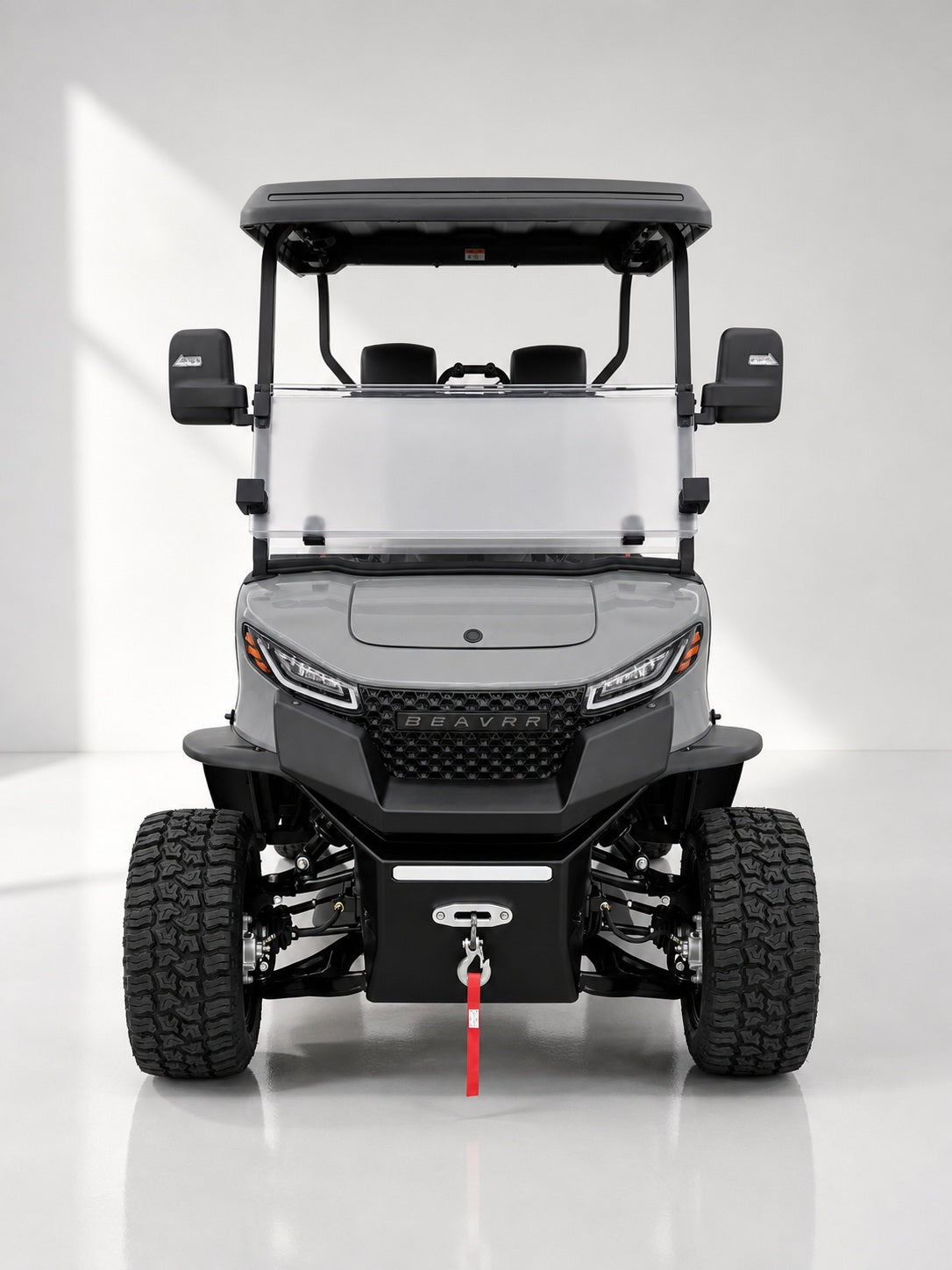 Beavrr M1124MT Gray electric utility golf cart front view with windshield and winch