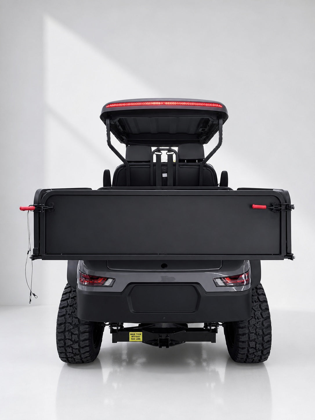 Beavrr M1124MT Gray electric utility golf cart rear view with cargo bed
