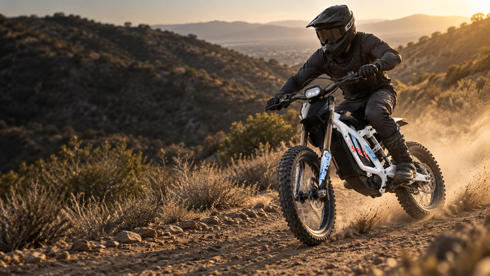 Rider on a white 2026 Surron Light Bee X on a sunlit dirt trail