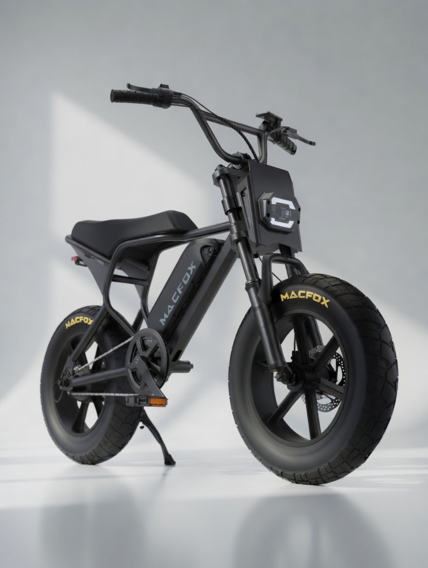 MacFox M16 Black electric bike front three-quarter view