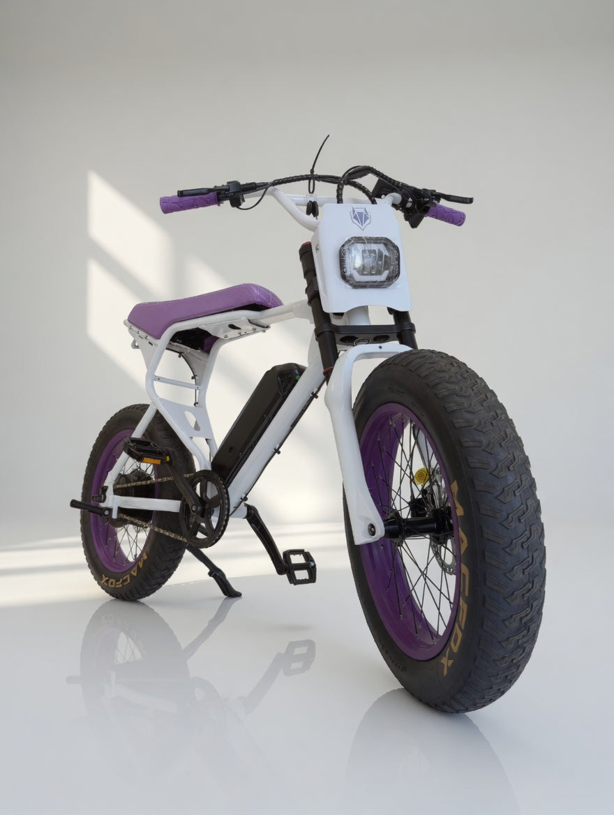 MacFox X1S x Bs.zay Purple electric bike front three-quarter view