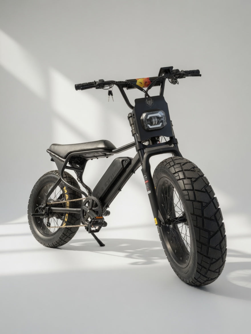 MacFox X7 Black electric bike front three-quarter view