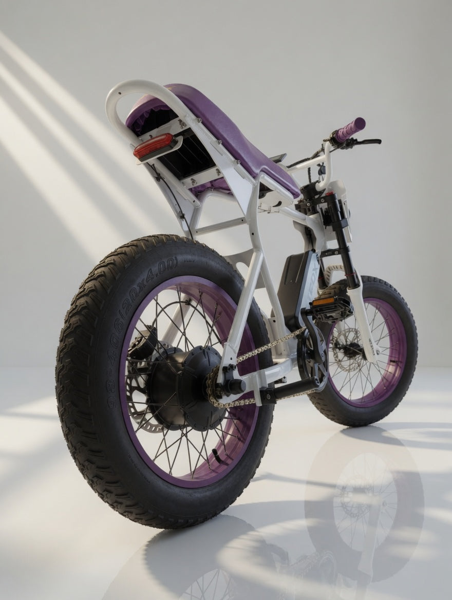 MacFox X1S x Bs.zay Purple electric bike rear three-quarter view