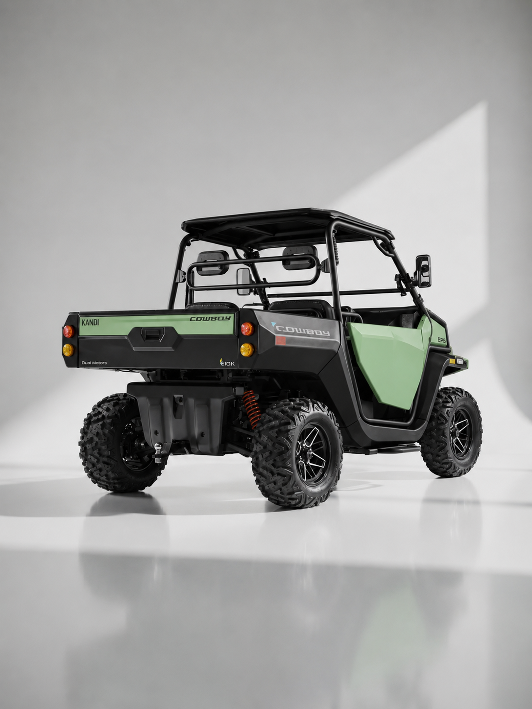 Kandi Cowboy E10K Green electric UTV rear three-quarter view with cargo bed