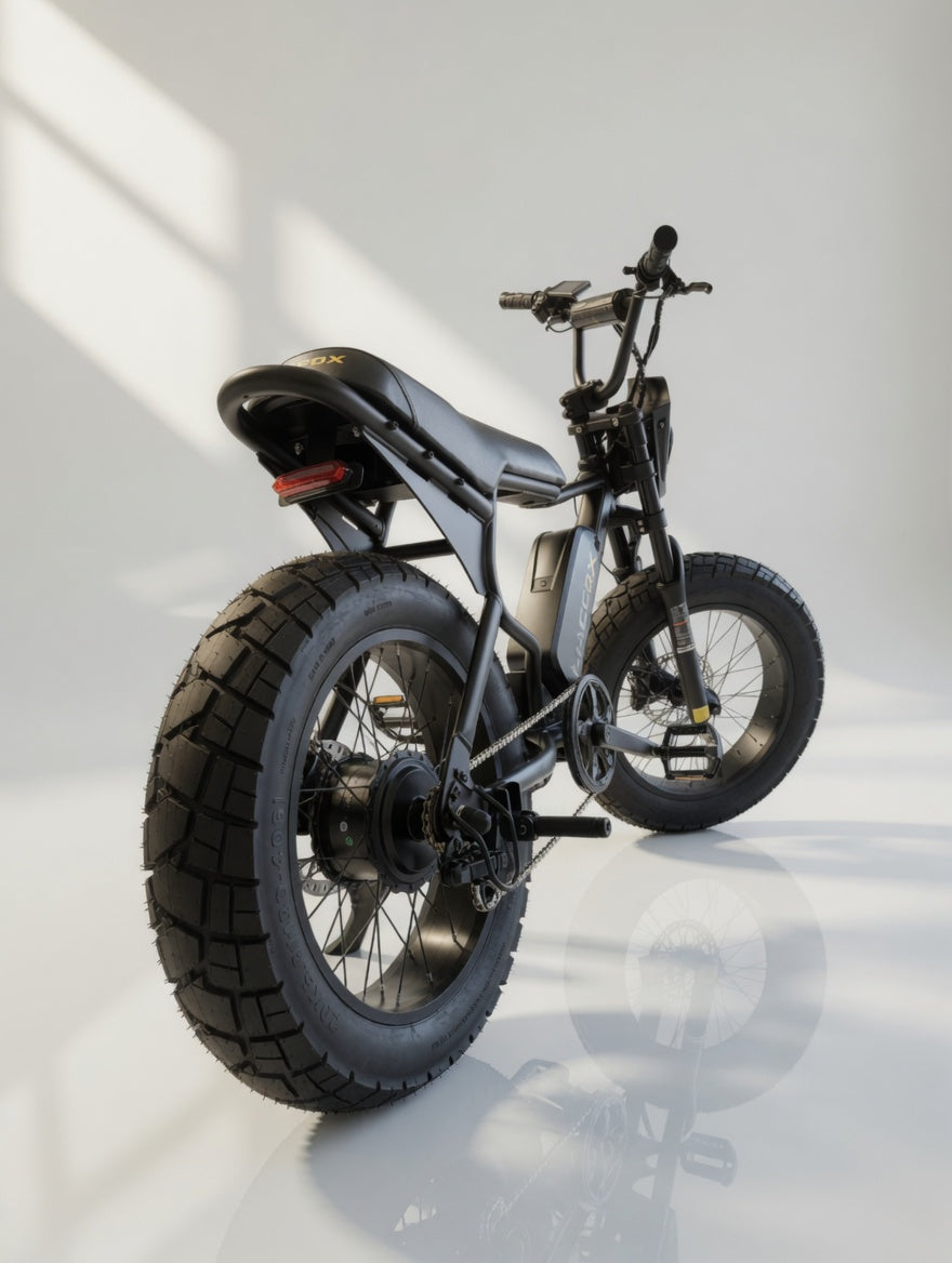 MacFox X7 Black electric bike rear three-quarter view