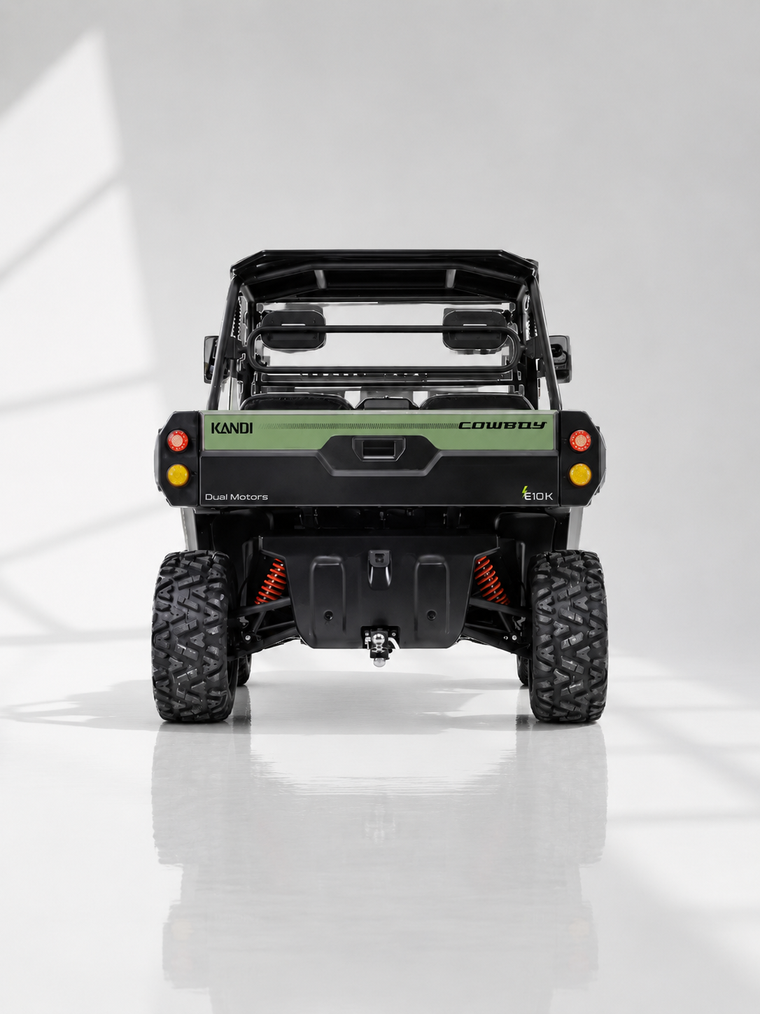 Kandi Cowboy E10K Green electric UTV rear view with cargo bed