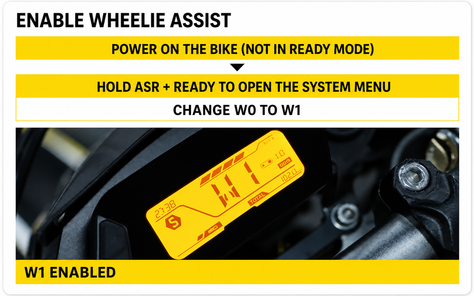 English instructions for enabling W1 Wheelie Assist in the system menu