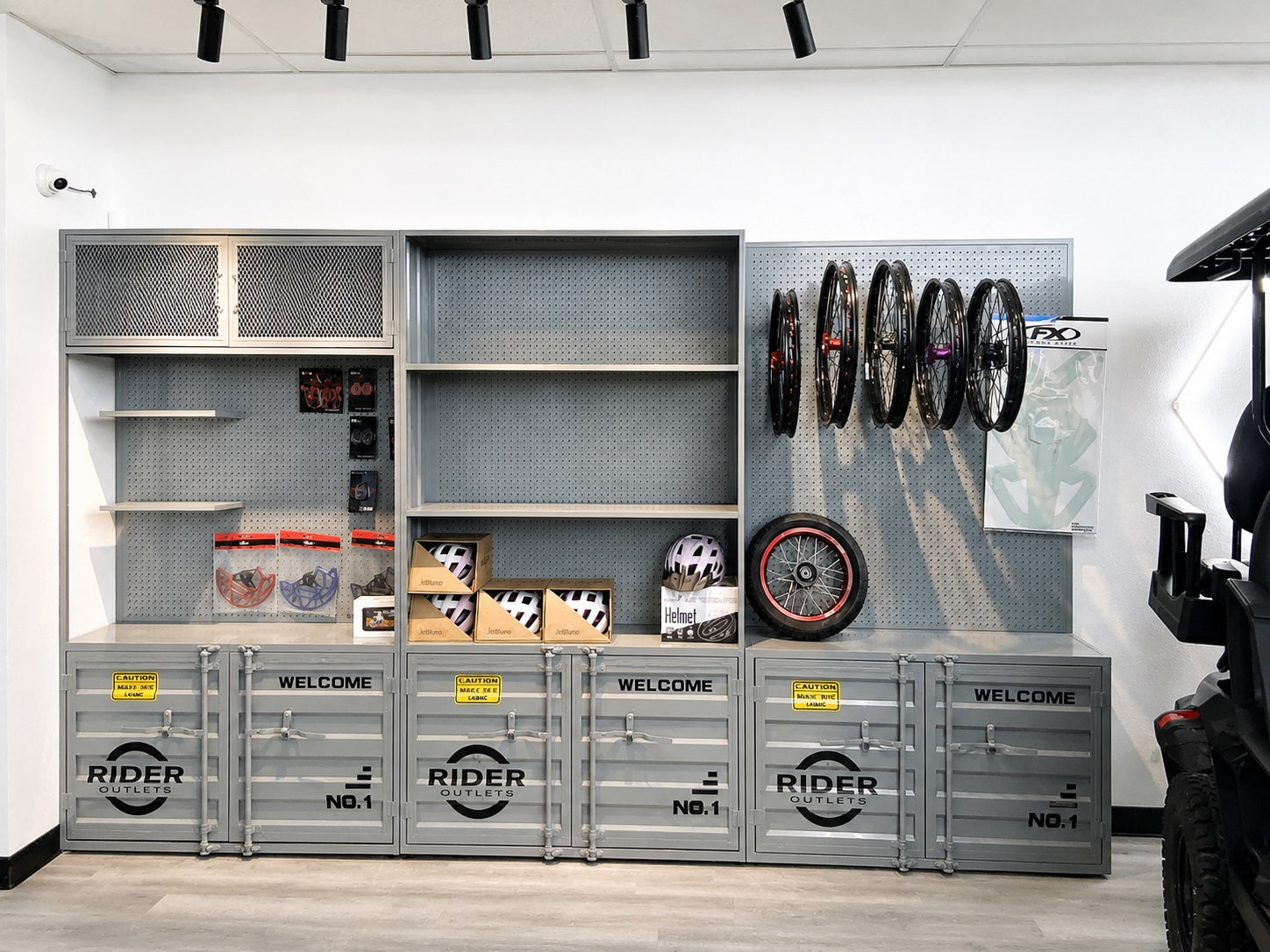Parts and safety equipment area at Rider Outlets